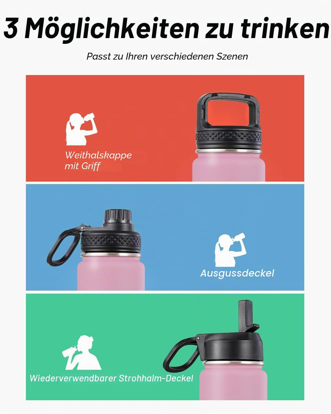 Coolflask Wasserflasche 24 oz isoliert mit Strohhalm, rostfreier Stahl 3 Deckel Wasserflasche mit br