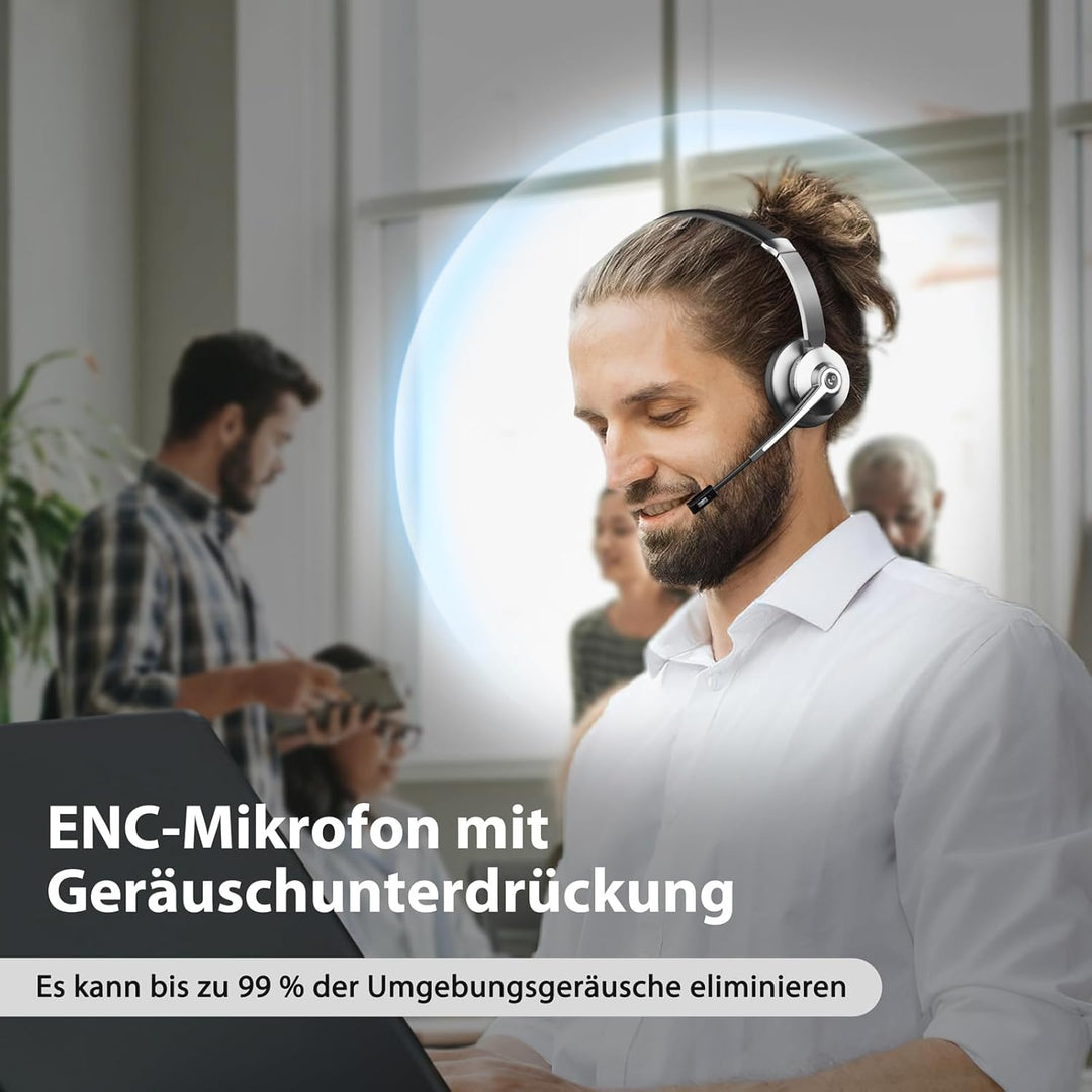 Bluetooth Headset mit Mikrofon，Kabelloses Headset mit USB Dongle &amp; Ladestation, Wireless Office Head