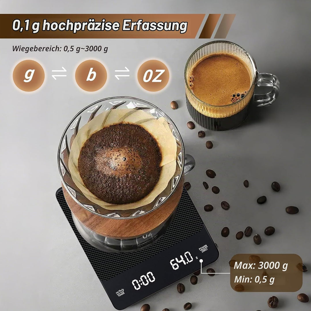 Digitale Kaffeewaage mit Timer - Type C Wiederaufladbare Espresso Waage mit Automatischer Tarierung,