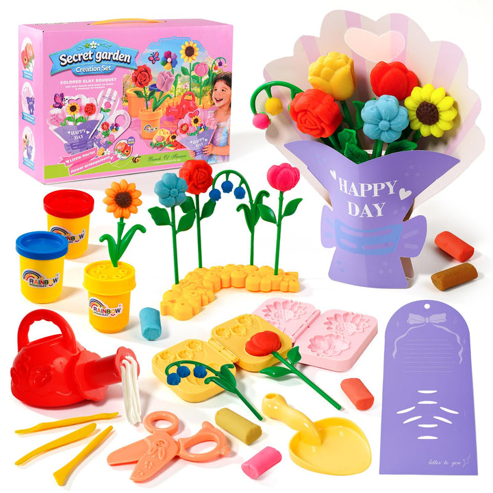 VBACALA Knete Set Kinder Blumenstrauss DIY, Bastelset Kinder zum Selbermachen von Blumen, 48PCS mit