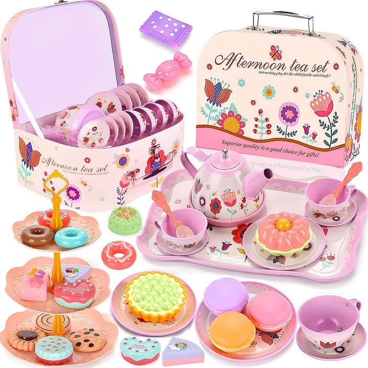 Teeservice Kinder, 46 Teile Puppengeschirr Kinderküche Tin Teekanne Set, Spielküche Zubehör für Kind
