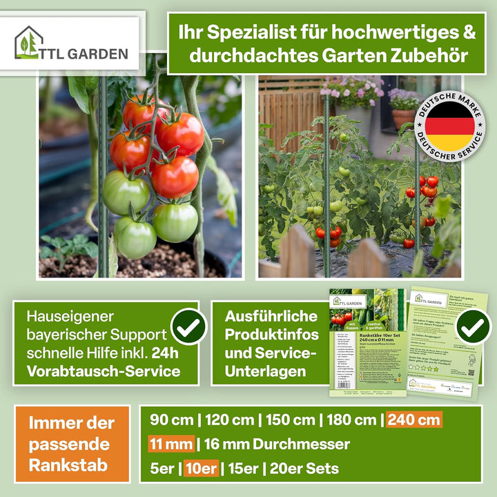 TTL GARDEN Rankstäbe 15er Set 240 cm x 11mm Ø grün + Klettband &amp; Clips | - Rankhilfe Pflanzstäbe Sta