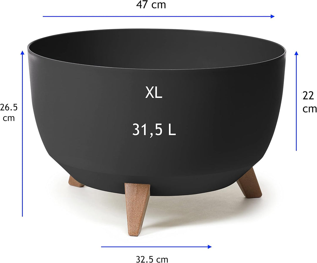MELTOM Blumentopf XL mit Füssen aus Kunststoff Schale Rund mit Einsatz, Farbe Schwarz, H: 27 cm, D: