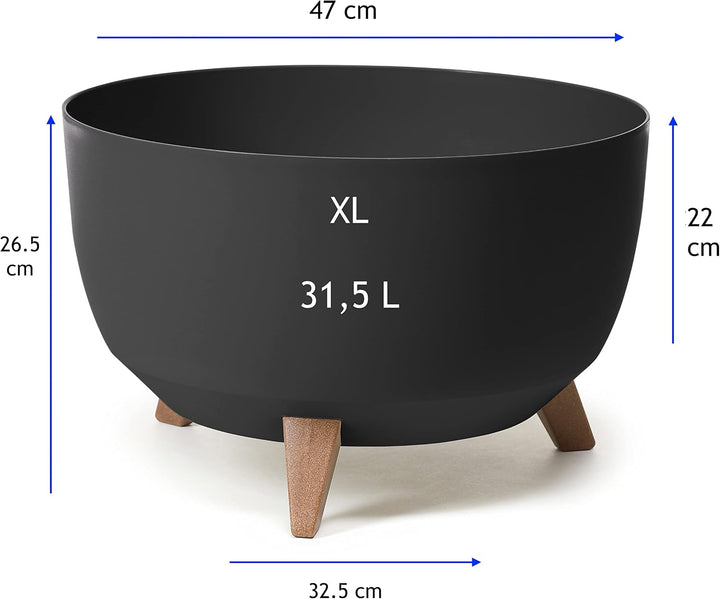 MELTOM Blumentopf XL mit Füssen aus Kunststoff Schale Rund mit Einsatz, Farbe Schwarz, H: 27 cm, D: