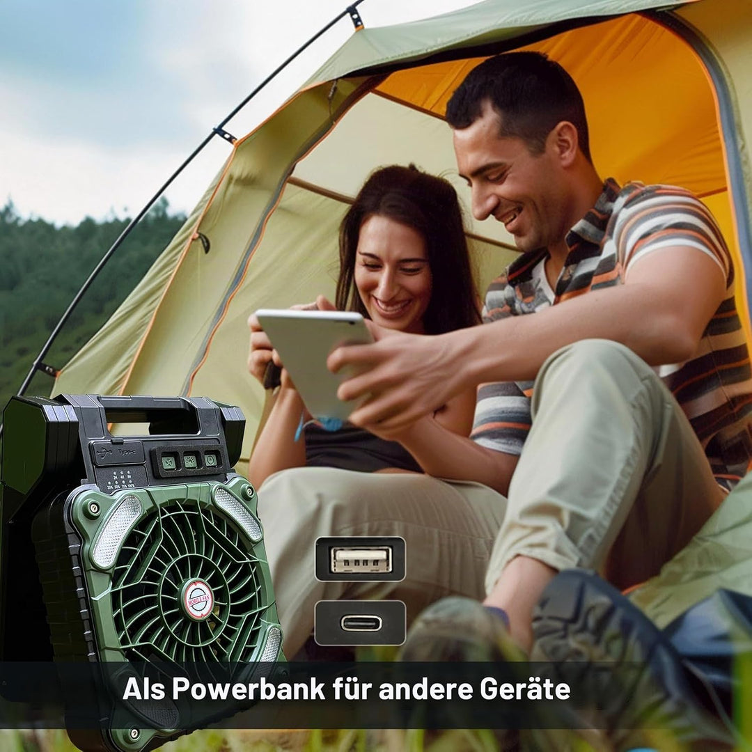 GY Solar Camping Ventilator mit LED-Licht &amp; 10400mAh Akku – 4 in 1 Tragbarer Tischventilator, 4 Gesc