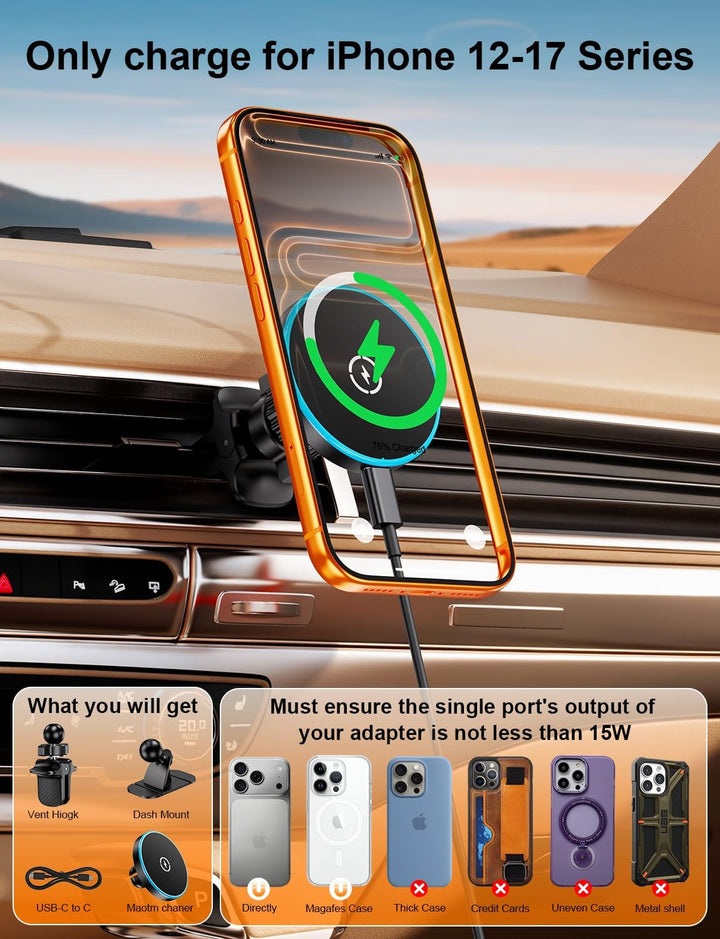 360°Mag-Safe Autohalterung, Handyhalterung Auto mit 15W Kfz-Ladefunktion