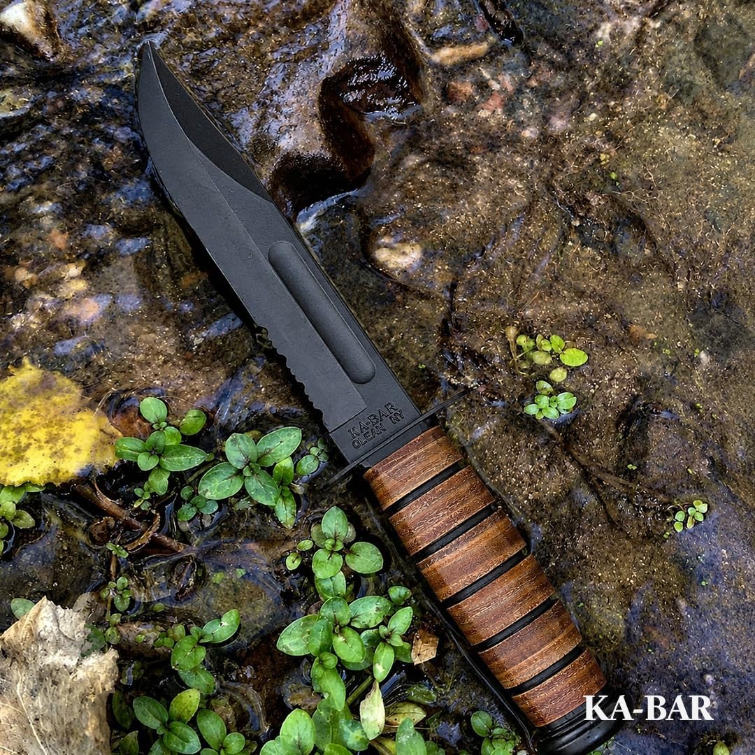 Ka-Bar US Army 7" Fixed Blade Knife, Serrated Leather Handle w/Brown Sheath 
