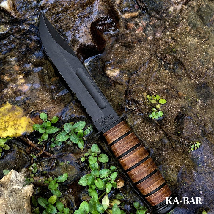 Ka-Bar US Army 7" Fixed Blade Knife, Serrated Leather Handle w/Brown Sheath 