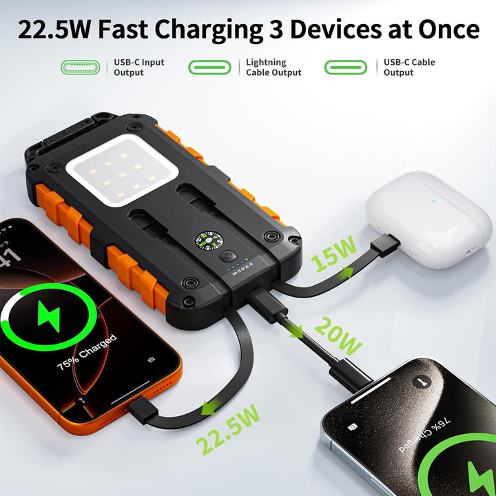 Solar Powerbank 10000mAh, 2 integrierte Kabel, USB-C PD 22.5W