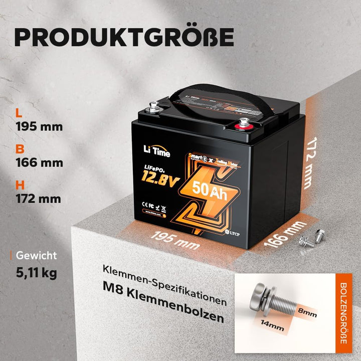 LiTime LiFePO4 12V 50Ah Bluetooth Lithium Batterie mit Tieftemperaturschutz, 50A BMS, Max. 15000 Zyk