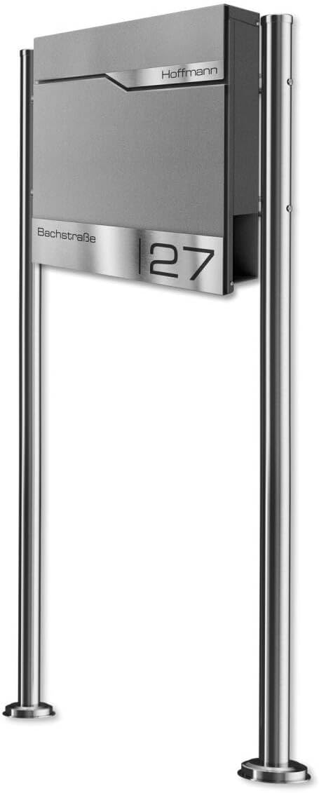 Metzler Standbriefkasten in Graualuminium - Pulverbeschichtet &amp; mit Zeitungsfach - Inkl. Edelstahl S