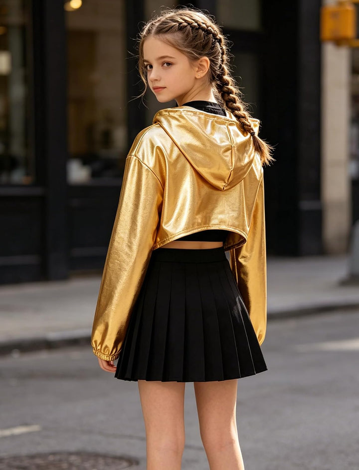 Mädchen Metallic Crop Hoodie Teenager Basic Langarm Sweatshirt mit Kapuze Kinder Kurz Kapuzenpullove