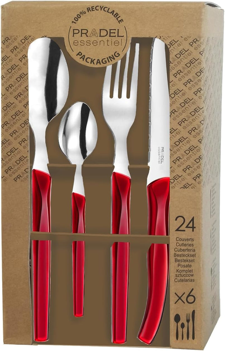 Lou Laguiole RISING SUN Besteck Set 6 Personen | 24-teilig | Rot glänzend | Essbesteck 6 Personen sp