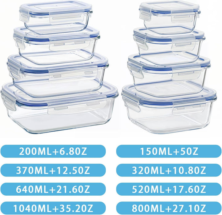 Glasbehälter mit Deckel 16-teilig(8 Behälter&amp; 8 Deckel),Meal Prep Boxen Glas,Spülmaschinenfest, Mikr