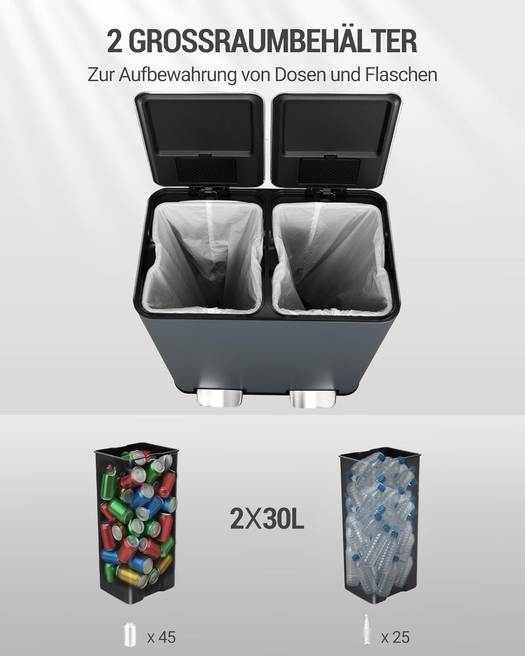 Hzuaneri Mülleimer Küche, 2 x 30 L, Mülltrennsystem 2 Fächer 60 L, Edelstahl-küchenmülleimer, Tretmü
