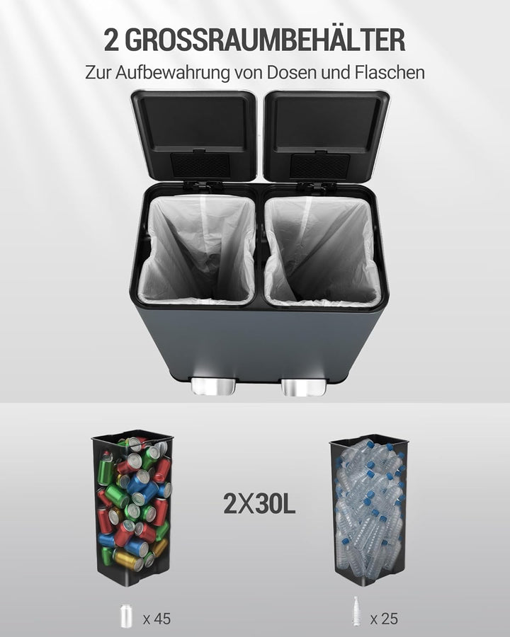 Hzuaneri Mülleimer Küche, 2 x 30 L, Mülltrennsystem 2 Fächer 60 L, Edelstahl-küchenmülleimer, Tretmü