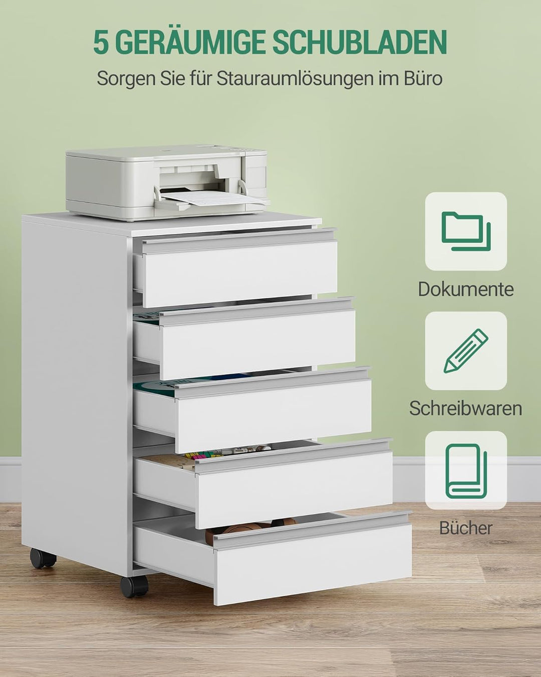 Hzuaneri Rollcontainer, mobiler Aktenschrank, Schubladenschrank mit 5 Schubladen, Lagerschrank für B