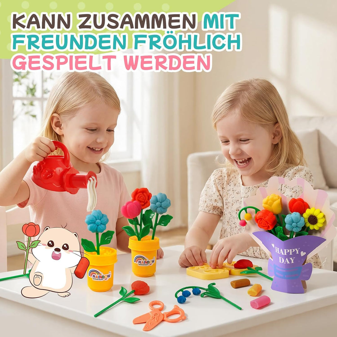VBACALA Knete Set Kinder Blumenstrauss DIY, Bastelset Kinder zum Selbermachen von Blumen, 48PCS mit