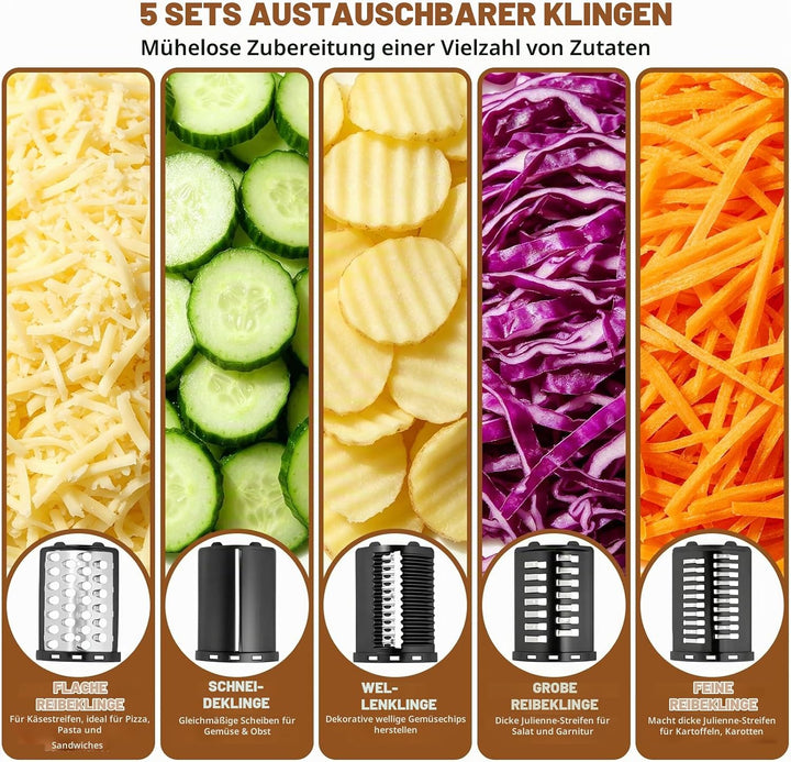 Gemüseschneider elektrisch,5‑in‑1 Multireibe mit 500W Motor,Reibe für Obst und Gemüse mit 5 verschie