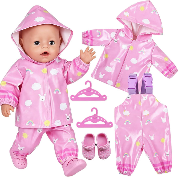 Puppenkleidung Regenanzug Set für 35-45 cm Puppen mit Schuhen Kleiderbügel