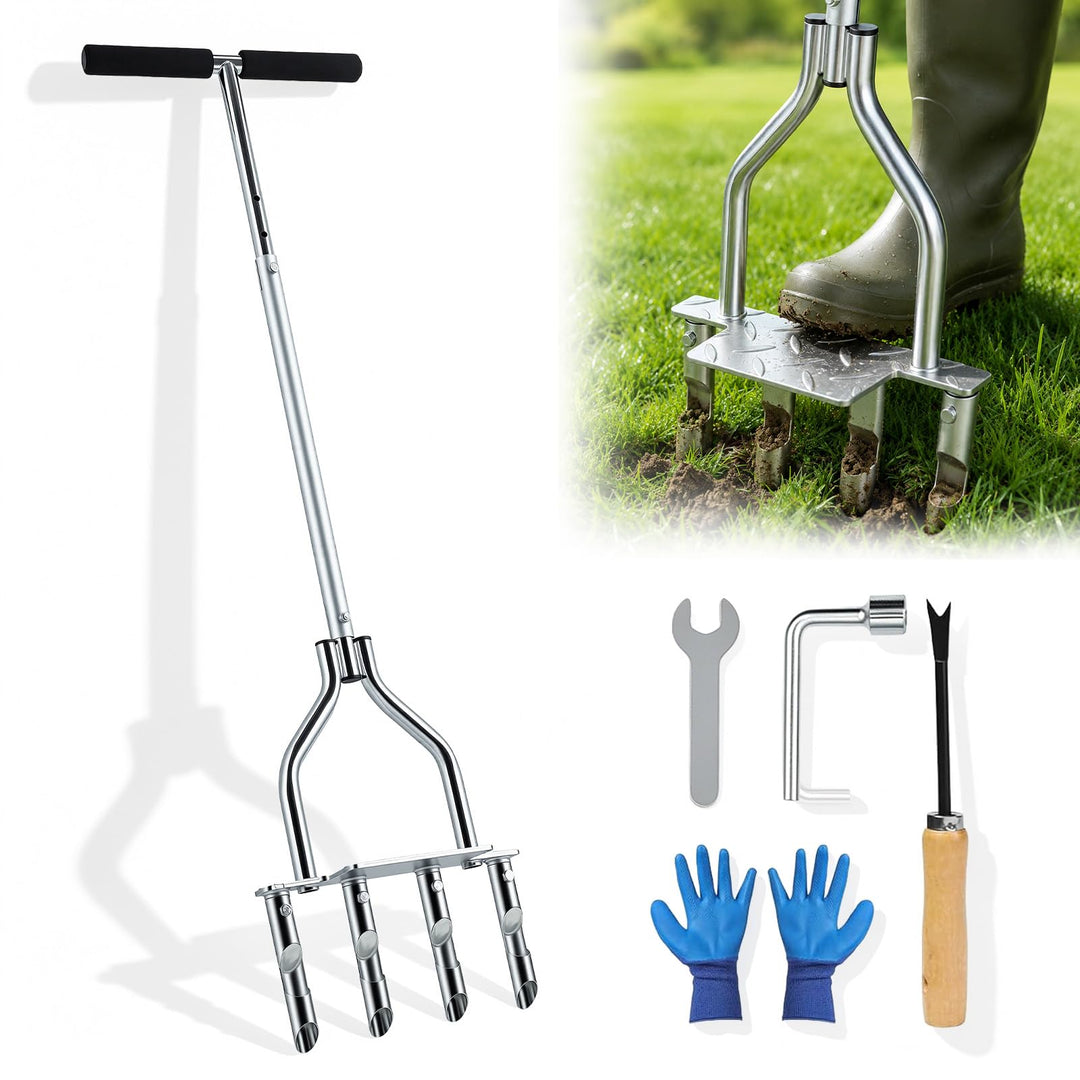 Rasenlüfter,Rasen Belüfter Hohlspoon Manuell,4 Kerne,90-98 cm Griff