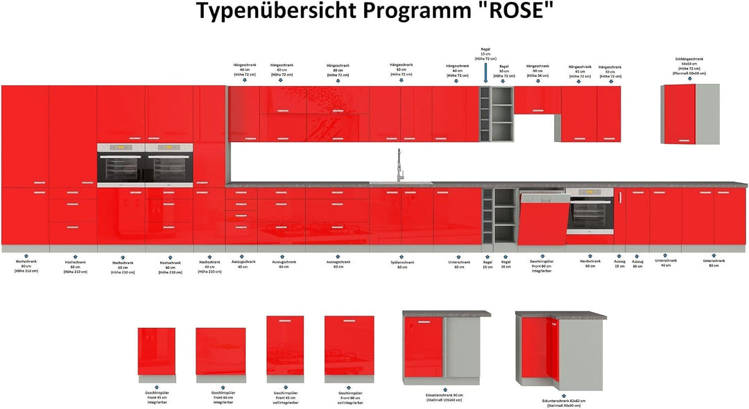 Kuechen-preisbombe Frontblende Geschirrspüler integriert 60 cm Rot Hochglanz Küche Rose Bianca