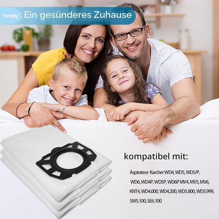 10 Kärcher Staubsaugerbeutel mit 2 Filter Ersatz für Kärcher WD4 WD5 WD6 WD5P WD6P MV4 MV5 MV6, Filt