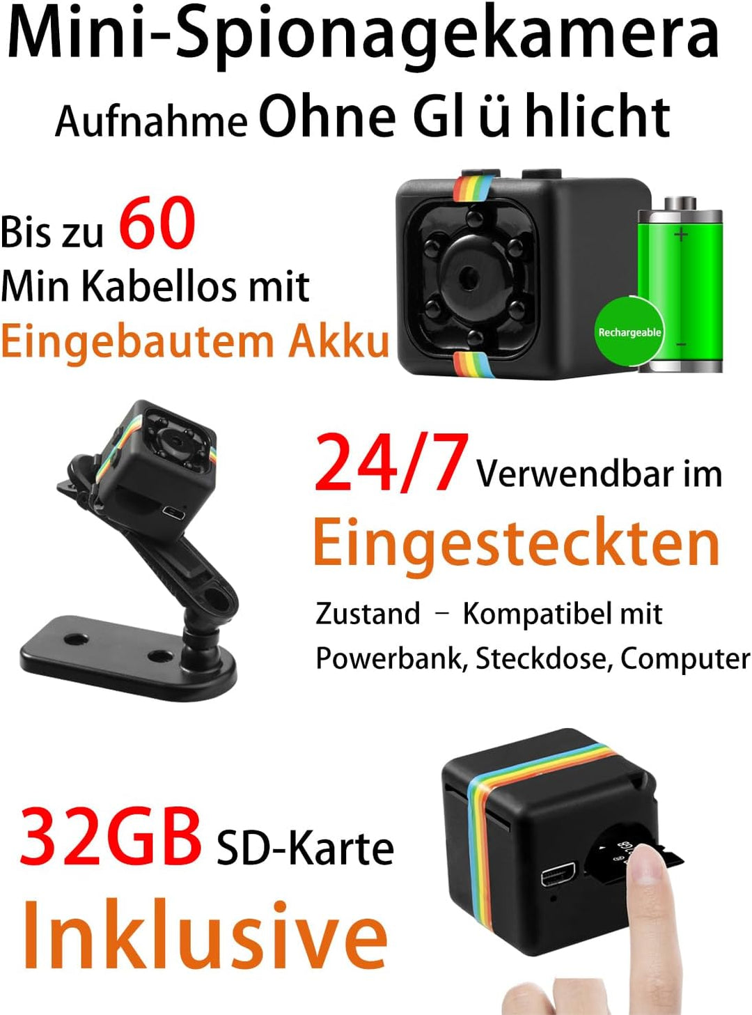 Überwachungskamera Ohne Wlan, 1080P Mini Kamera mit 32GB Speicherkarte