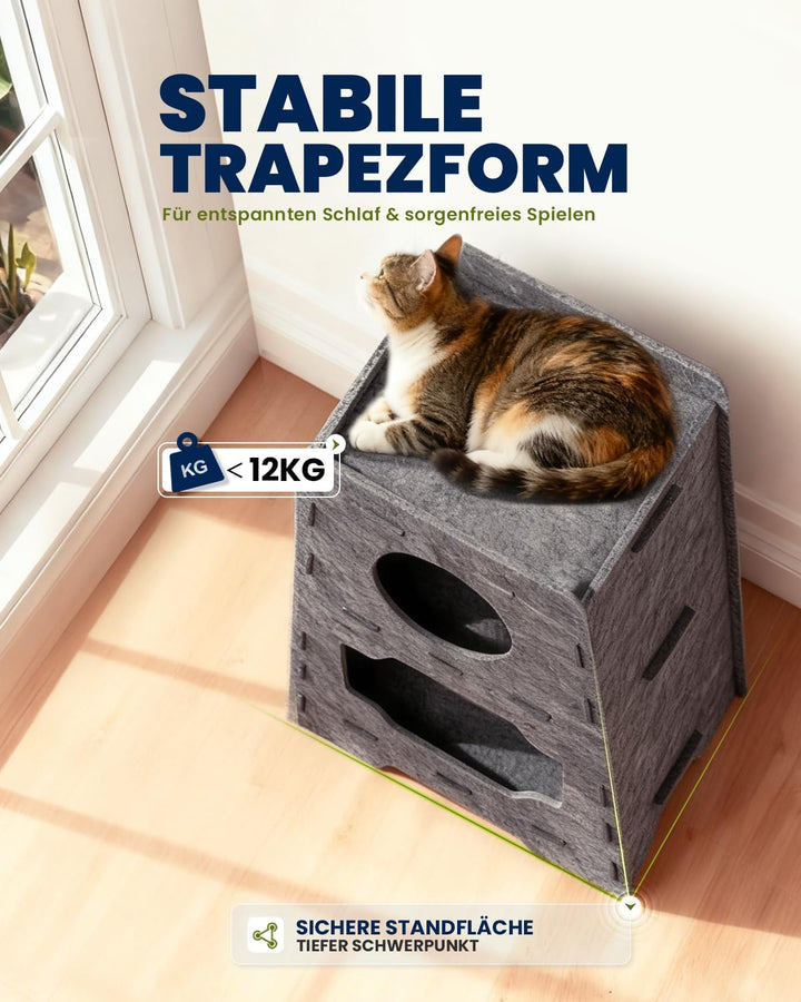Pawtasy Katzenhöhle Filz Katzenhaus aus Filz für grosse Katzen, Katzen Höhle 3-Ebenen, Trapezform St