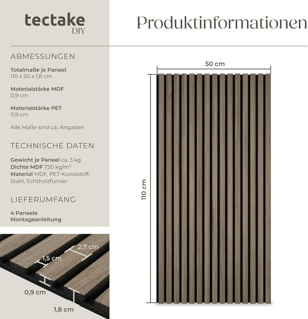 tectake® Akustikpaneele Echtholzfurnier 4er Set, effektiver Schallschutz, MDF, Schallabsorption, Sch