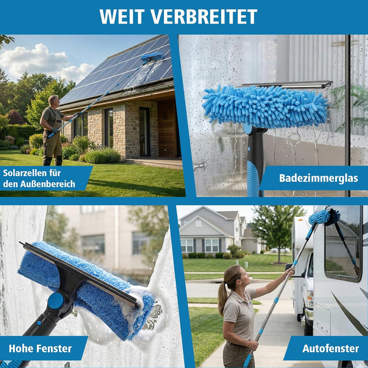4.5M Fensterputzer Set mit 400ml Fensterreiniger, 2-in-1 Fensterabzieher mit Teleskopstange, Profi F