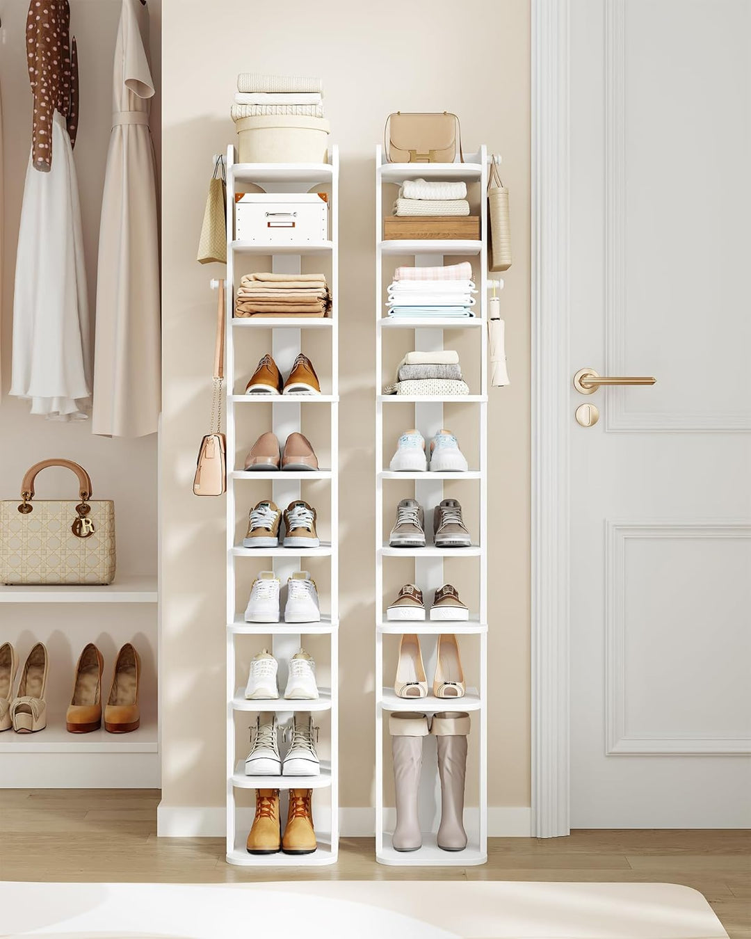 Hzuaneri Schuhregal, Schmales Schuhablage mit 10 Ebenen, Holz-Schuh-Organizer mit Haken, Verstellbar