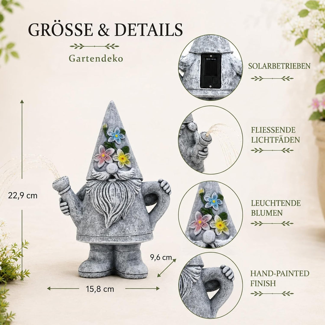 Yeomoo Giesskanne-Gartenzwerge mit Solar Lichterkette für Aussen Gartendeko Gartenzwerge Figur Grau,