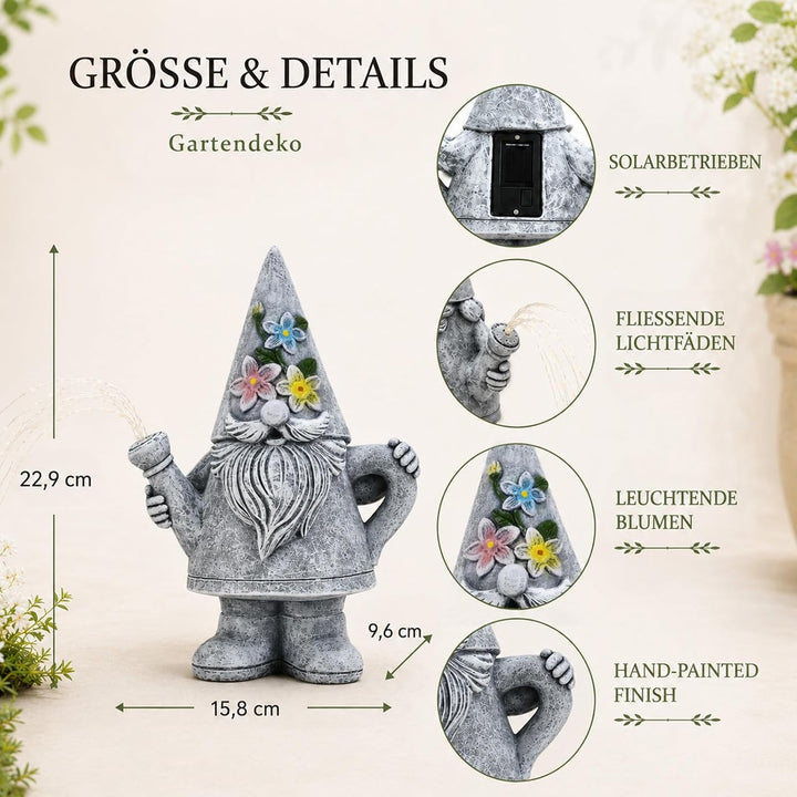 Yeomoo Giesskanne-Gartenzwerge mit Solar Lichterkette für Aussen Gartendeko Gartenzwerge Figur Grau,