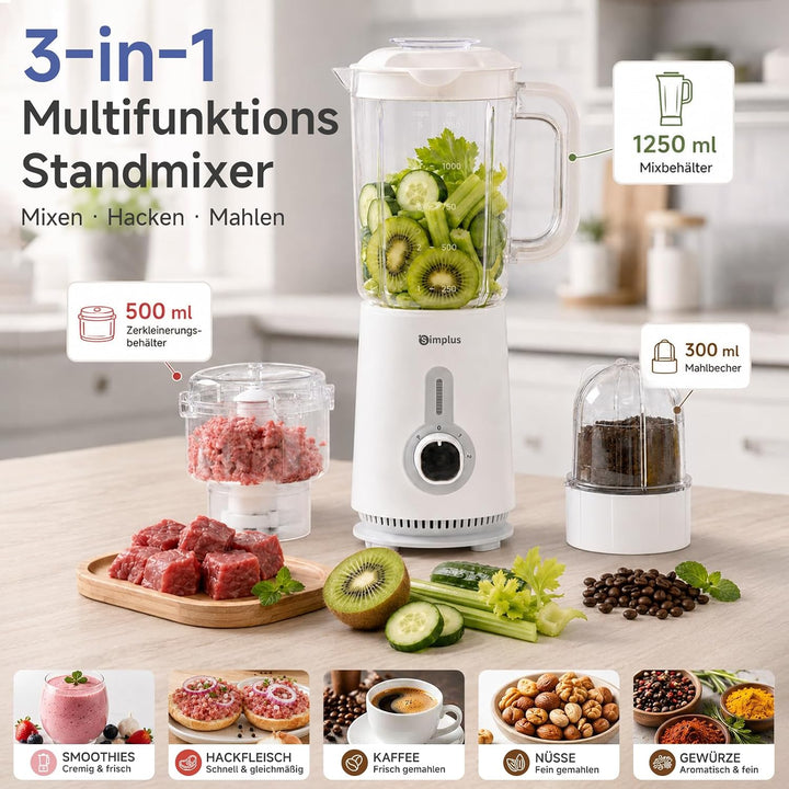 SIMPLUS 3-in-1 Standmixer &amp; Smoothie Maker mit 1,25L Mixbecher, 500ml Fleischwolf &amp; 300ml Mahlbecher