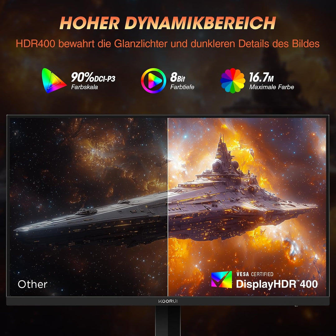 KOORUI 27 Zoll Gaming Monitor 240 Hz, 1 ms, FHD (1920 * 1080) DCI-P3 90% Farbraum, Adaptive Sync, Ne