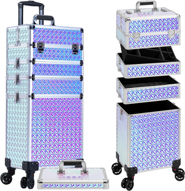 Arous 5-in-1 Profi-Kosmetikkoffer, Aluminium, mit 360° drehbaren Rädern Silber, Silber