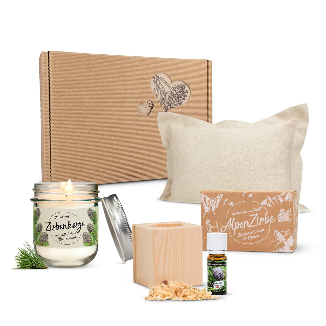 Zirben Erlebnis Geschenksbox Nr.5: Bio-Zirbenkissen mit ZirbenWürfel-Set und Zirbenduftkerze