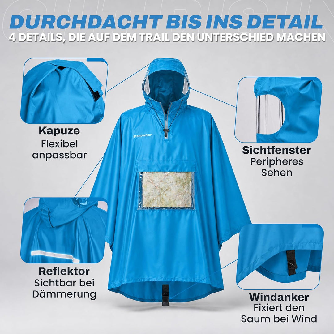 STANDWERK Regenponcho mit einzigartiger Navigationstasche und Sichtfenster fürs Wandern - Regencape