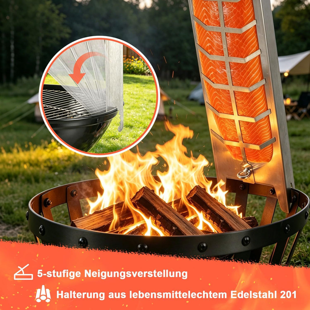 Flammlachsbrett Edelstahl für Feuerschale,5-stufig 180°drehbar 1er Set, 1er Set