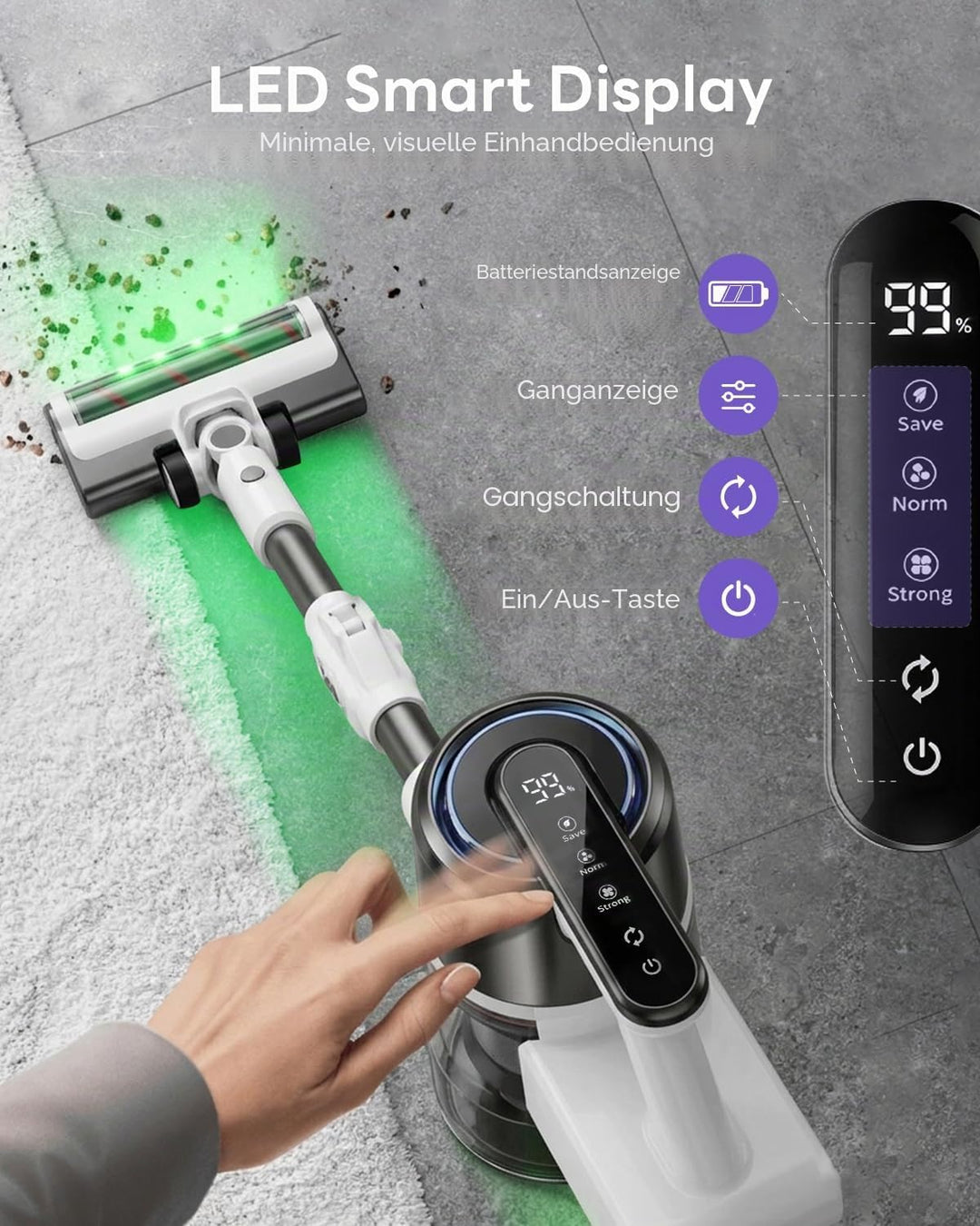 Akku Staubsauger mit Wischfunktion, 15000 Pa/40000RPM/30 Min Laufzeit für zu Hause, Leichter Staubsa