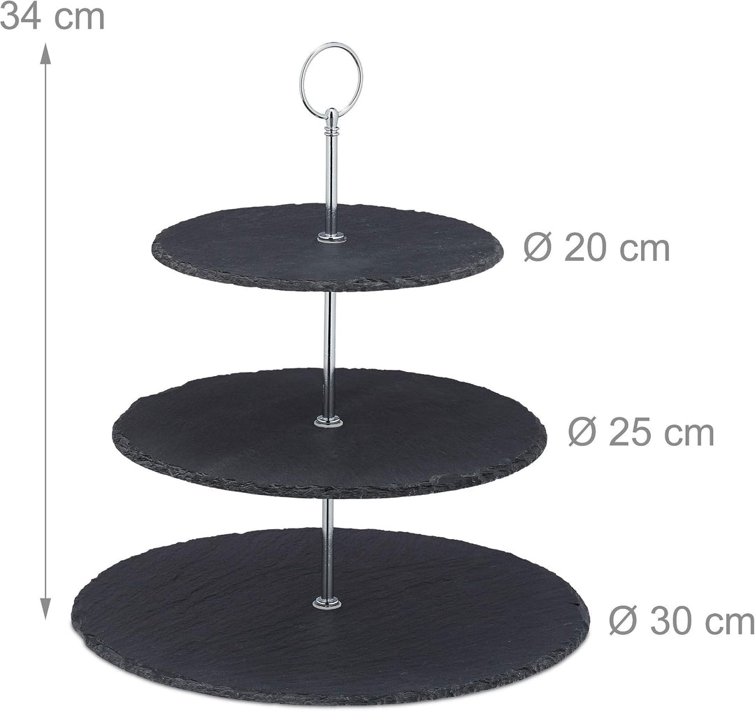 Relaxdays Etagere, 3 Etagen, Schiefer, Kuchen, Snacks, Obst, Metallgriff, Servierständer, HxD 34x30