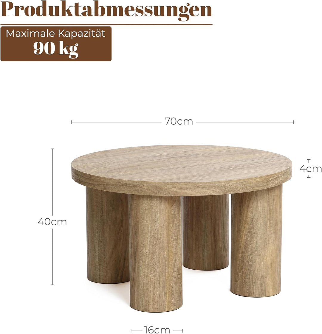 Hometopia Couchtisch Rund 70 cm aus Holz mit Säulenbeinen Eichenoptik Ø70 cm X H40 cm, Eichenoptik Ø