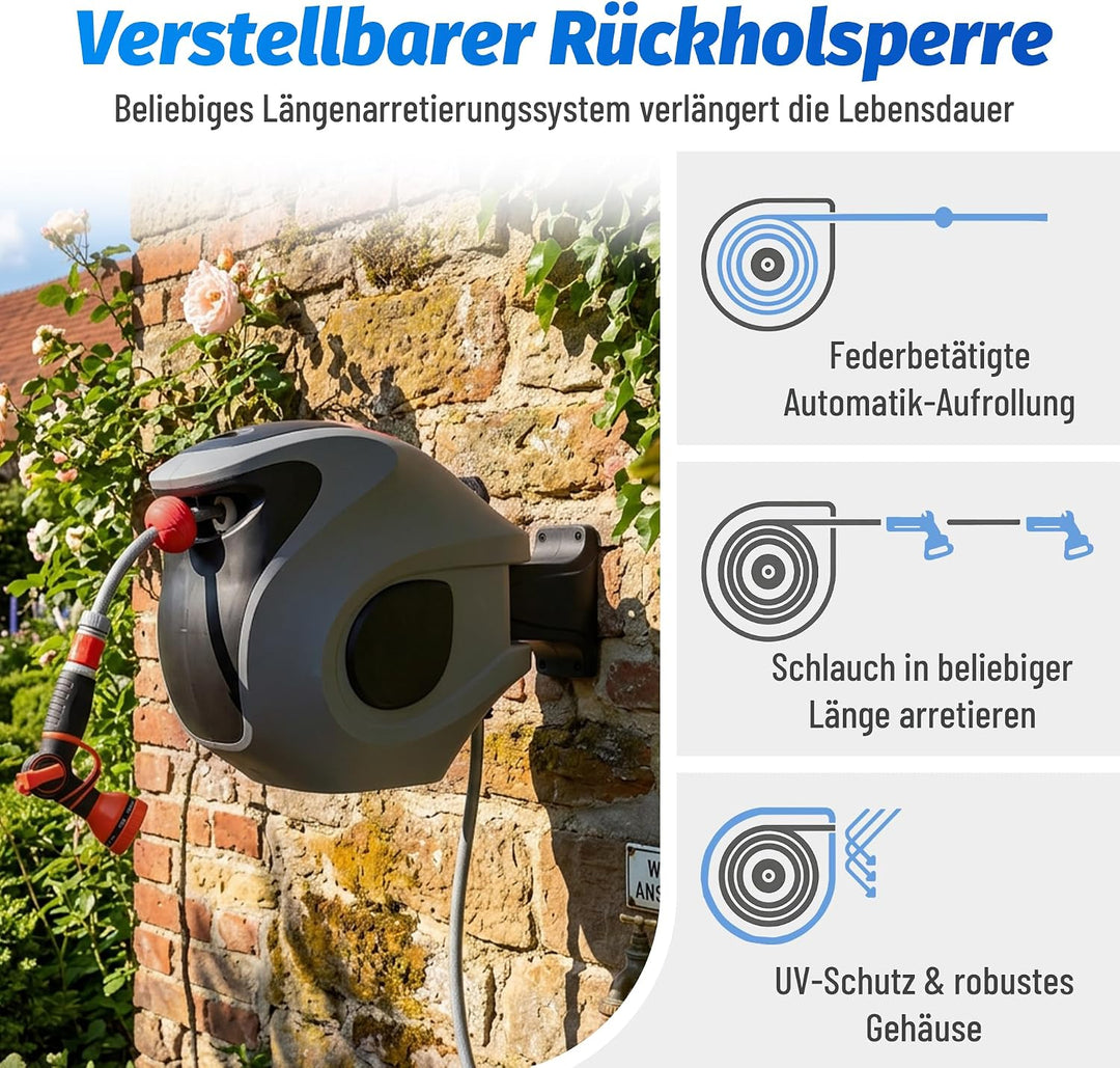 30m Automatische Gartenschlauchtrommel mit 9-fach Sprühdüse, Wandhalterung &amp; verstellbarer Rückholsp
