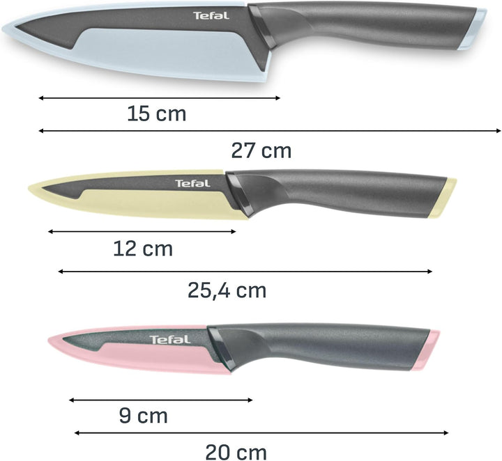 Tefal Slicy 3-tlg. Messer-Set, Soft Touch Griff, Schwarz/Pastellfarben Kochmesser + Universalmesser