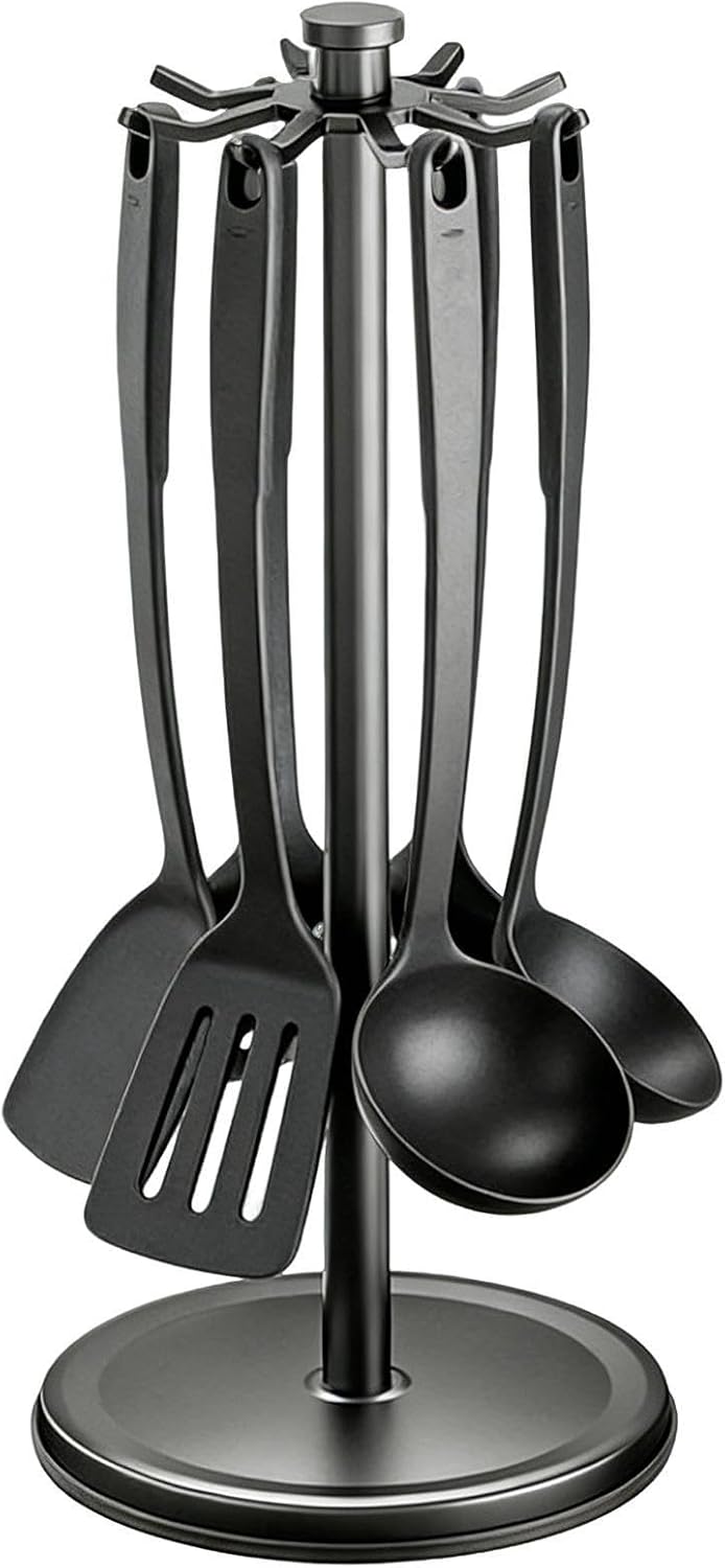 Rotating Utensil Holder, 8 Hook Organizer, 360 Degree Counter Rack with Compact Build, Kitchen Tool