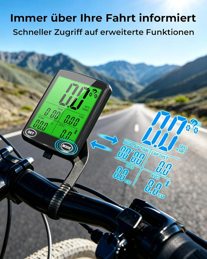 Flechazo Fahrradcomputer Kabellos, 2,8" LCD-Display, 19 Funktionen, Schwarz