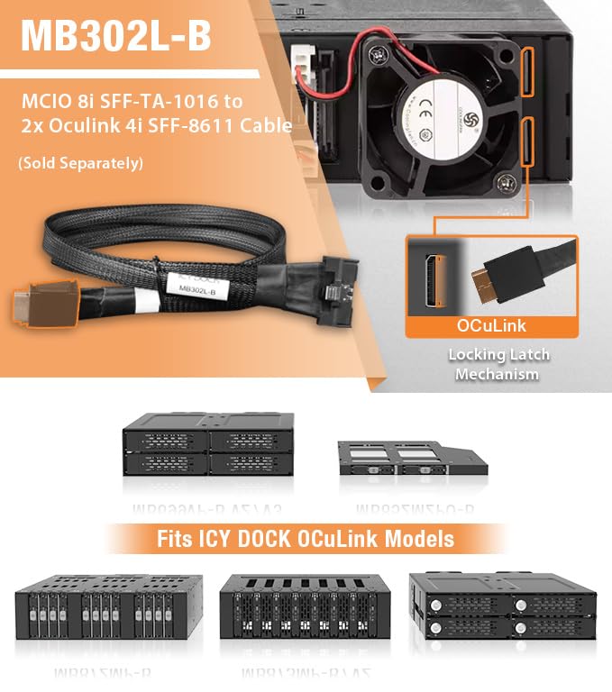 ICY DOCK MB302L-B Datenkabel - 1x MCIO SFF-TA-1016 8i zu 2x OCuLink SFF-8611 4i Länge 50cm 1x MCIO 8