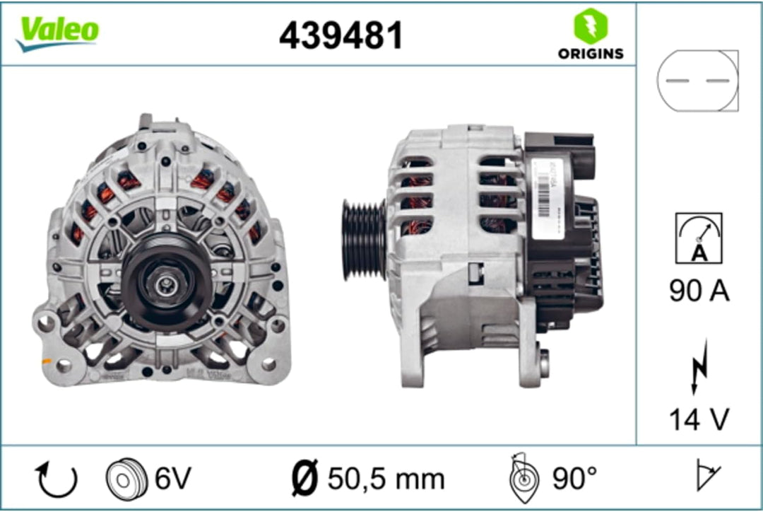 VALEO 439481 Generator Ladestrom des Generators: 90 Amp Rippen: 6 rippen Riemenscheibe Ø: 50,5 mm Sp