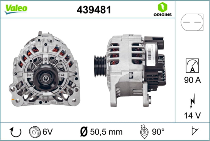 VALEO 439481 Generator Ladestrom des Generators: 90 Amp Rippen: 6 rippen Riemenscheibe Ø: 50,5 mm Sp